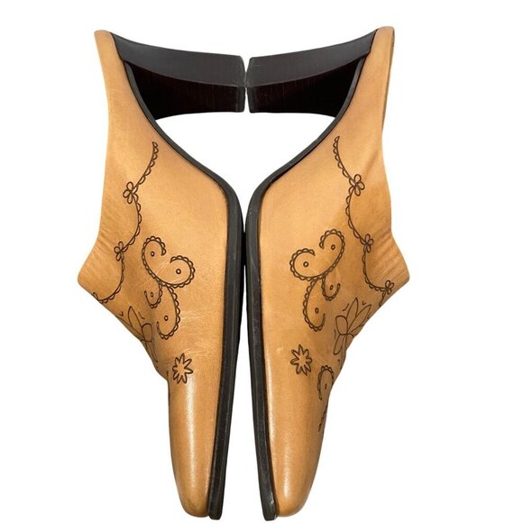 Franco Sarto Tan Leather Etched Slip-On Square Toe Block Heel Mules  Size 10 - Picture 6 of 10